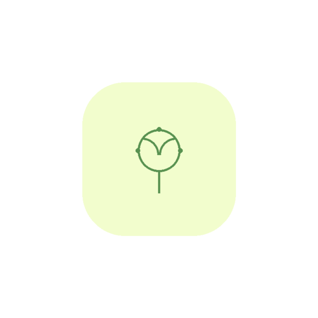 Minimalist line art icon representing a central mind sphere with emerging neuroplastic branches in sage green (#589150) centered on a light yellow background badge (#F2FDCD).