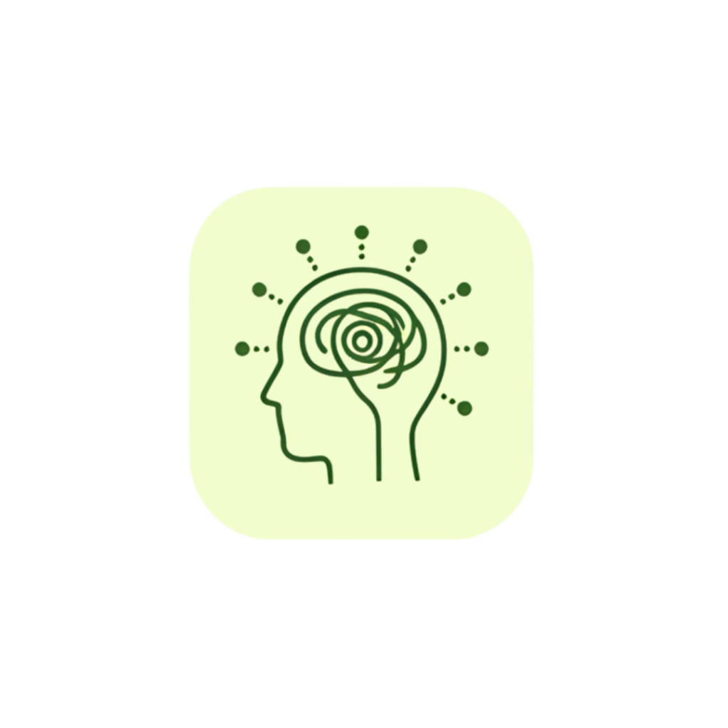 Minimalist line art icon featuring a calming, circular nervous system synchronization node anchored across a central stabilization axis in sage green (#589150) on a soft yellow background badge (#F2FDCD).
