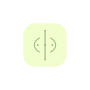 Minimalist line art icon featuring a central structural bone axis cushioned by dual interlocking curved joint brackets and synovial fluid nodes in sage green (#589150) against a soft yellow badge background (#F2FDCD).