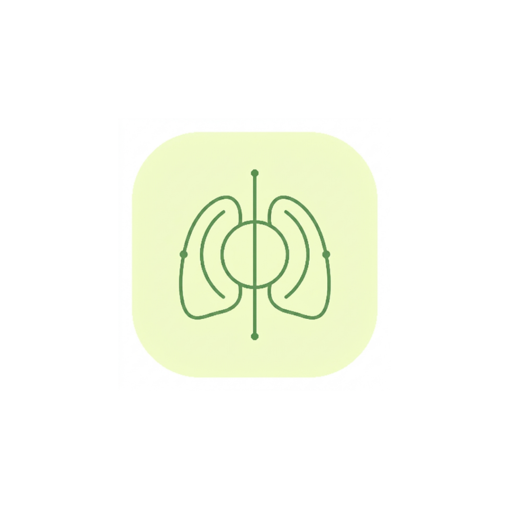 Minimalist line art icon featuring balanced horizontal respiratory axes anchored across a central integration circle in sage green (#589150) on a soft yellow background badge (#F2FDCD).