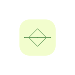 Minimalist line art icon featuring a protective geometric diamond shield intersected by a horizontal calibration axis with homeostatic nodes in sage green (#589150) on a soft yellow background badge (#F2FDCD).