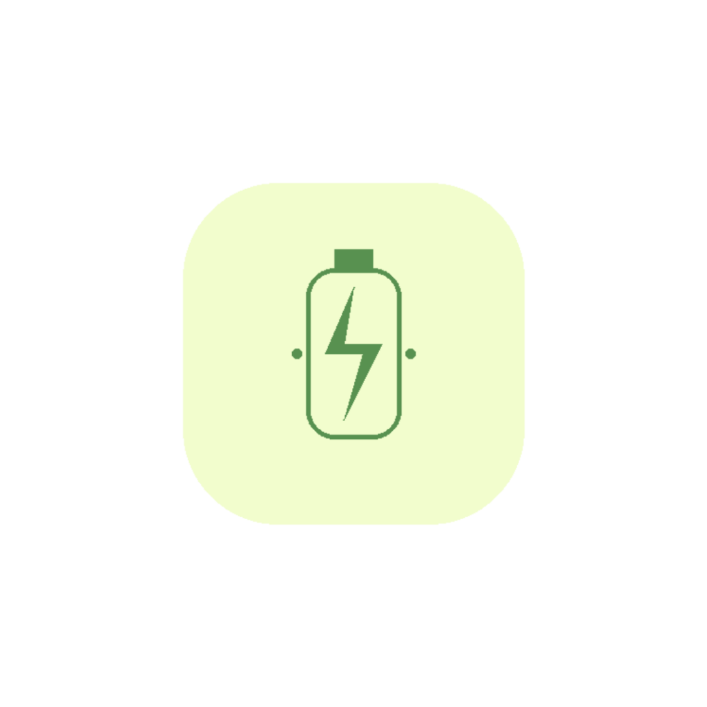 Minimalist line art icon of a central energy cell revitalized by an internal lightning spark in sage green (#589150) enclosed in a light yellow badge background (#F2FDCD).