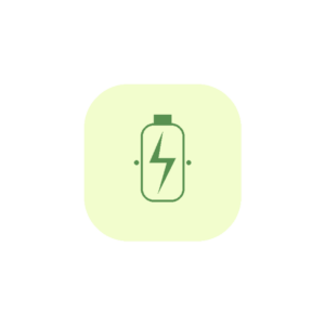 Minimalist line art icon of a central energy cell revitalized by an internal lightning spark in sage green (#589150) enclosed in a light yellow badge background (#F2FDCD).