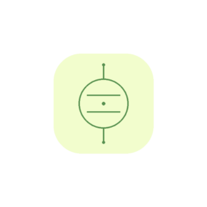 Minimalist line art icon featuring a protective isolation outer ring enclosing horizontal dampening bars and a neutralized center node in sage green (#589150) on a soft yellow background badge (#F2FDCD).