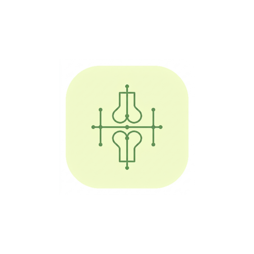 Minimalist abstract geometric talisman for Crohn’s recovery. Features interlocking protective arcs buffered by vital node points in sage green (#589150) on a soft yellowish-green background (#F2FDCD).