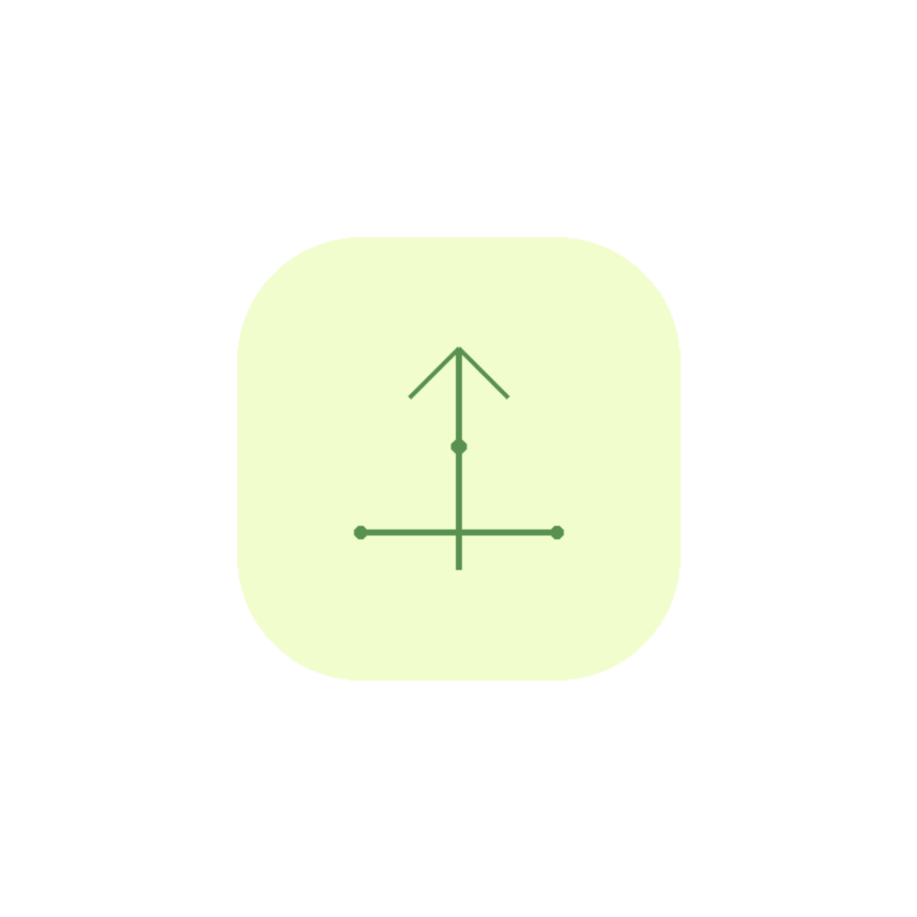 Minimalist line art icon showing a vertical ascending vector arrow piercing an anchored horizontal baseline in sage green (#589150) on a soft yellow background badge (#F2FDCD).