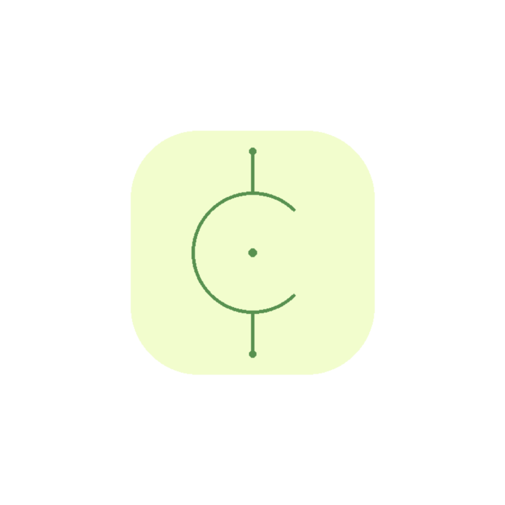 Minimalist line art icon showing an open, dissolving circular boundary surrounding a centered node of pure awareness in sage green (#589150) on a soft yellow badge background (#F2FDCD).