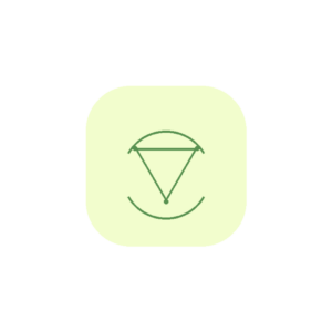 Minimalist line art icon of a stabilized pelvic triangle guarded by defensive external arches in sage green (#589150) set inside a soft, light yellow circular badge (#F2FDCD).