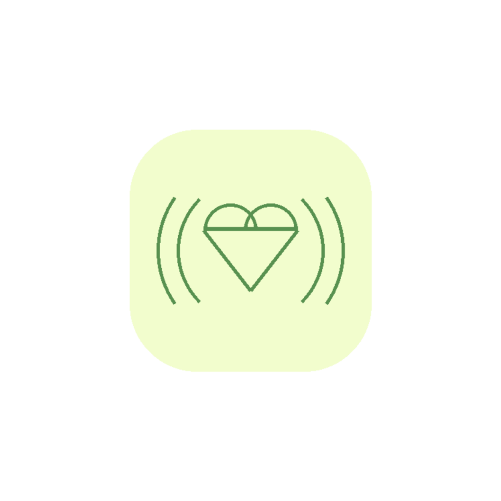 Minimalist line art icon of a hypertensive cardiovascular heart system with surrounding pressure waves in sage green (#589150) and a light yellow badge background (#F2FDCD).