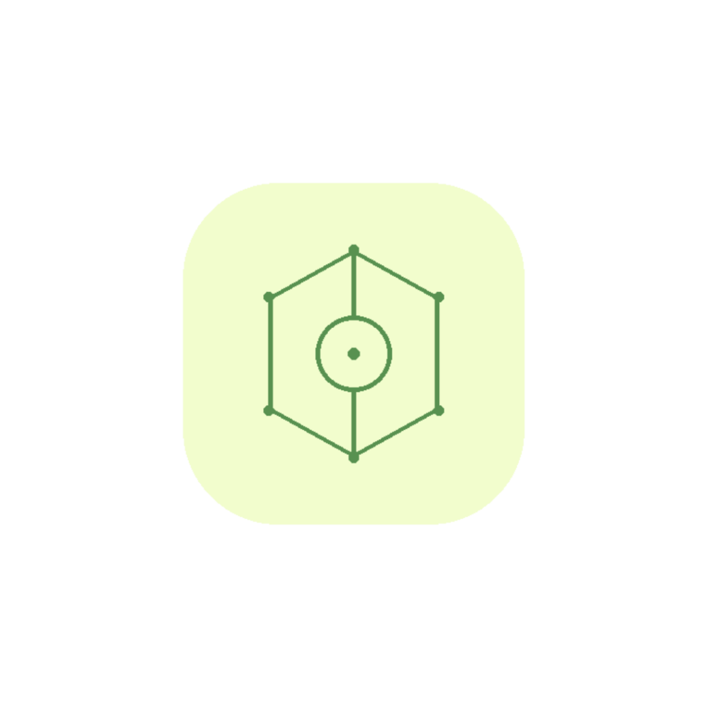 Minimalist line art icon of a crystalline geometric fortress shield defending a central core node in sage green (#589150) set against a soft light yellow background badge (#F2FDCD).