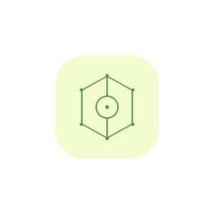 Minimalist line art icon of a crystalline geometric fortress shield defending a central core node in sage green (#589150) set against a soft light yellow background badge (#F2FDCD).