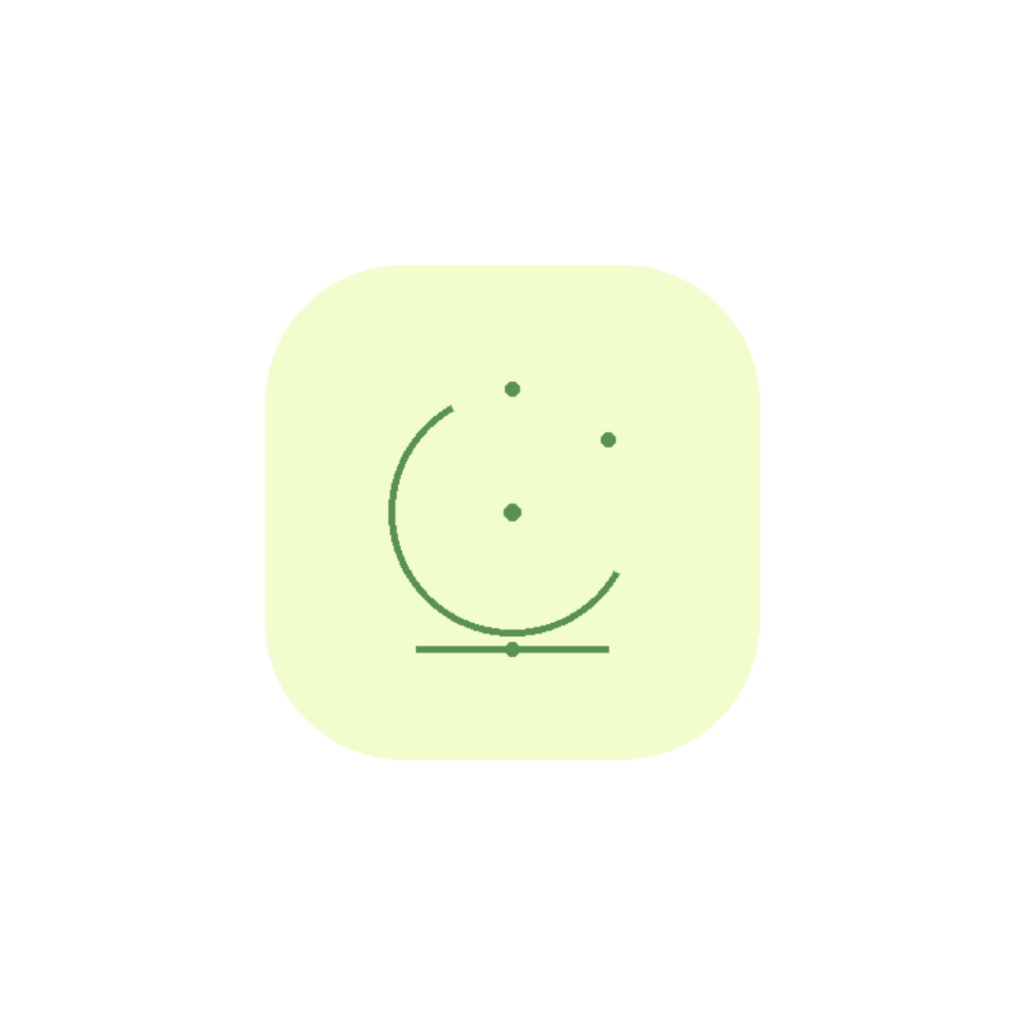 Minimalist line art icon of a descending calming crescent arc and a centered pineal stillness node in sage green (#589150) inside a soft light yellow background badge (#F2FDCD).
