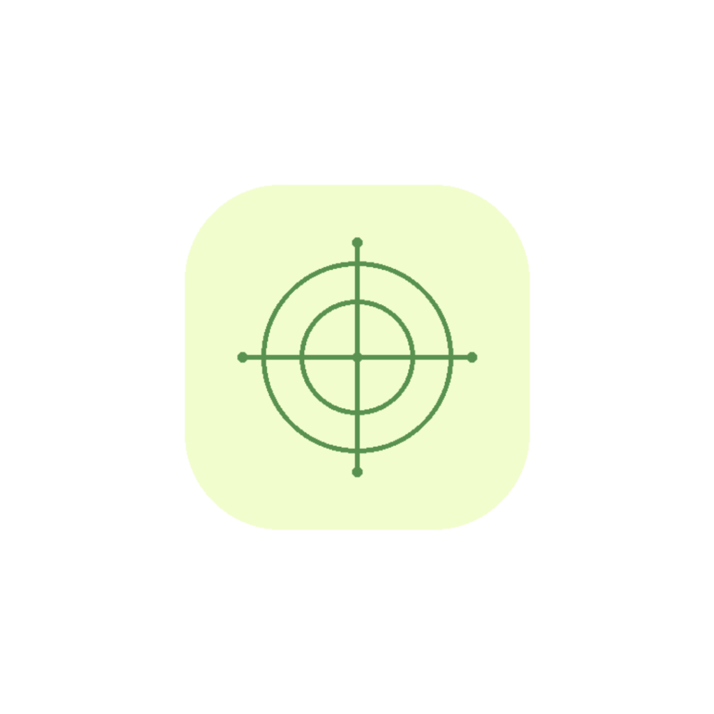 Minimalist line art icon of concentric protective shields and intersecting defensive axes in sage green (#589150) centered on a soft, rounded light yellow badge background (#F2FDCD).