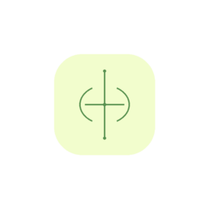 Minimalist line art icon featuring a prominent vertical alignment spinal axis supported by symmetrical joint brackets and intersection nodes in sage green (#589150) on a soft yellow background badge (#F2FDCD).