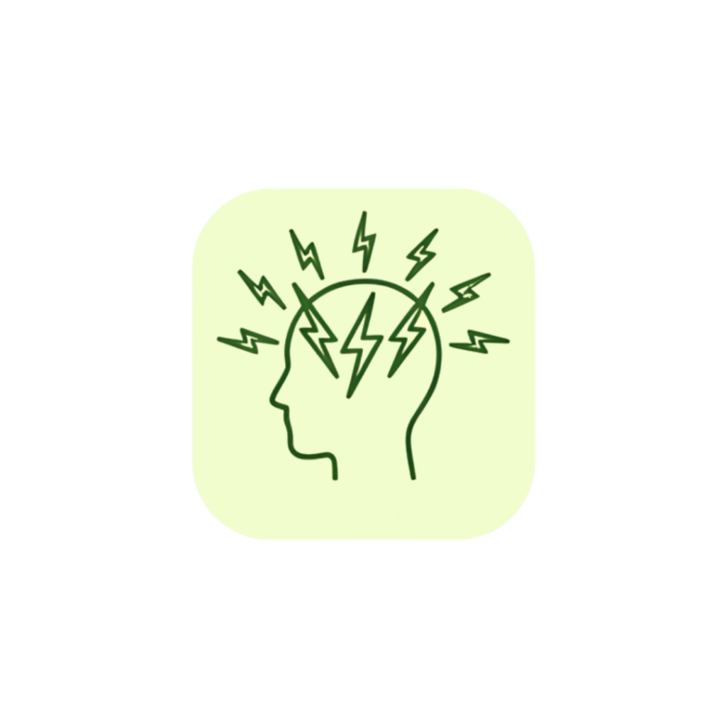 Minimalist line art icon featuring a soft, pulsating neural synchronization node diffusing intense energy into a calm, expansive cooling field in sage green (#589150) on a soft yellow background badge (#F2FDCD).