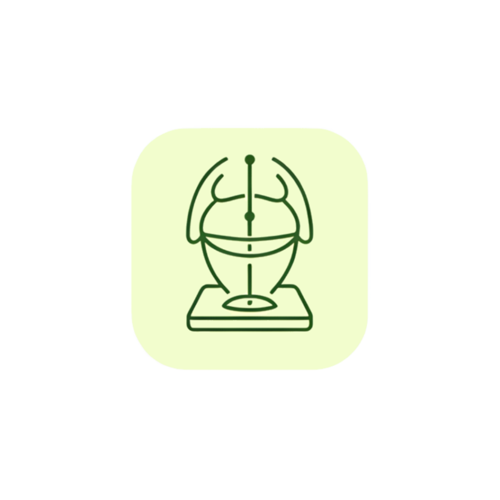 Minimalist line art icon featuring a balanced, centralized metabolic nexus anchored within a harmonious expansion arc in sage green (#589150) on a soft yellow background badge (#F2FDCD).