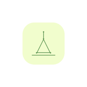 Minimalist line art icon featuring an upright stabilizing triangle resting above a solid grounding baseline in sage green (#589150) inside a light yellow rounded badge (#F2FDCD).